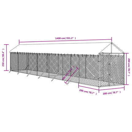 Cuccia Cani da Esterno Tetto Argento 2x14x2,5 m Acciaio Zincato