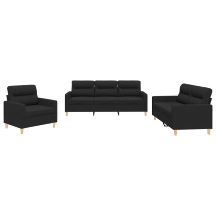 Set di Divani 3 pz con Cuscini Nero in Tessuto