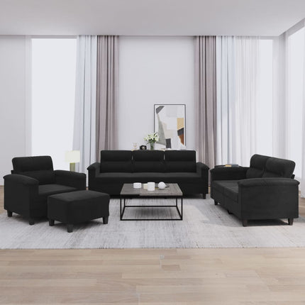Set Divani 4 pz con Cuscini Nero in Tessuto Microfibra
