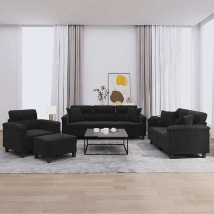 Set Divani 4 pz con Cuscini Nero in Tessuto Microfibra