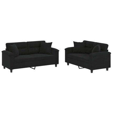 Set Divani 2 pz con Cuscini Nero in Tessuto Microfibra