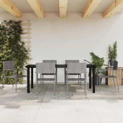 Set da Pranzo da Giardino 7 pz Nero Grigio Polyrattan e Acciaio