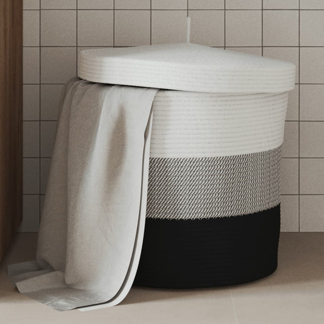 Cestino Portaoggetti con Coperchio Bianco Nero Ã˜40x35cm Cotone
