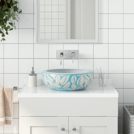 Lavabo da Appoggio Bianco e Blu Rotondo Φ41x14 cm Ceramica
