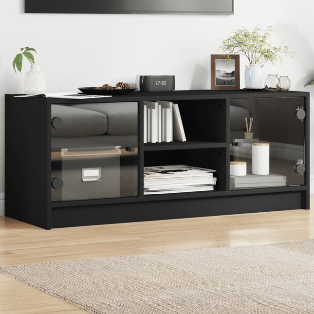 Mobile Porta TV con Ante in Vetro Nero 102x37x42 cm