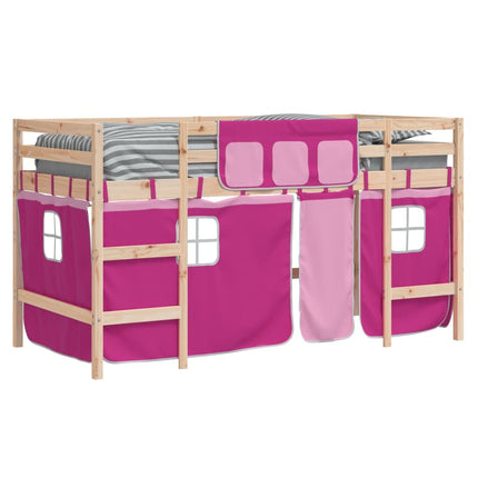 Letto a Soppalco con Tende Bambini Rosa 80x200 cm Massello Pino