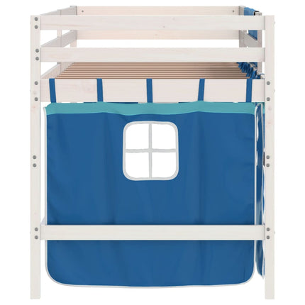 Letto a Soppalco con Tende Bambini Blu 80x200 cm Massello Pino
