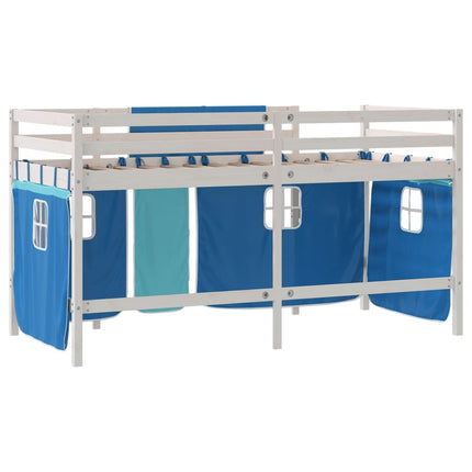 Letto a Soppalco con Tende Bambini Blu 80x200 cm Massello Pino