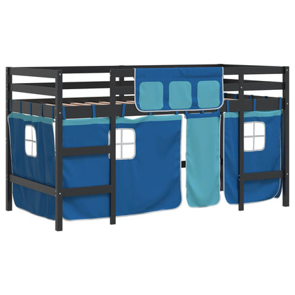 Letto a Soppalco con Tende Bambini Blu 80x200 cm Massello Pino