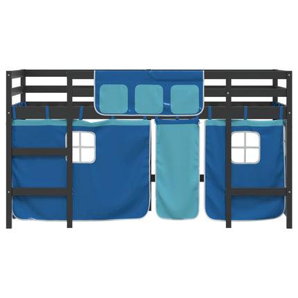 Letto a Soppalco con Tende Bambini Blu 80x200 cm Massello Pino