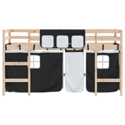 Letto a Soppalco Bambini con Tende Bianco e Nero 90x190 cm Pino