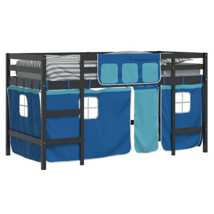 Letto a Soppalco Bambini con Tende Blu 90x190 cm Massello Pino