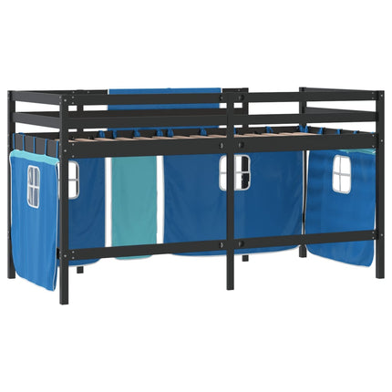 Letto a Soppalco Bambini con Tende Blu 90x190 cm Massello Pino