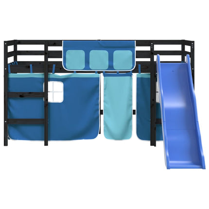 Letto a Soppalco con Tende Bambini Blu 90x200 cm Massello Pino
