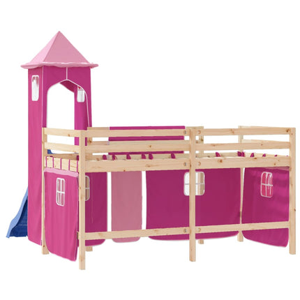 Letto a Soppalco con Torre Bambini Rosa 80x200cm Massello Pino