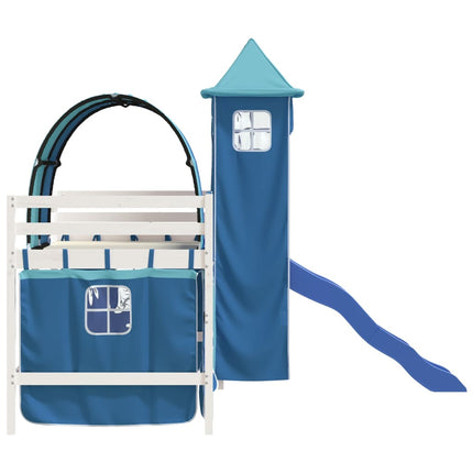 Letto a Soppalco con Torre Bambini Blu 90x200cm Massello Pino