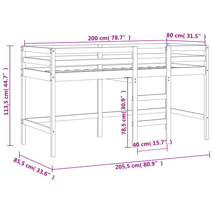 Letto Soppalco con Scala Bambini Nero 80x200cm Massello Pino