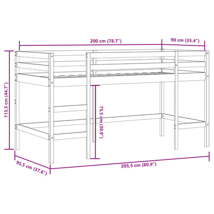Letto Soppalco con Scala Bambini Nero 90x200cm Massello Pino