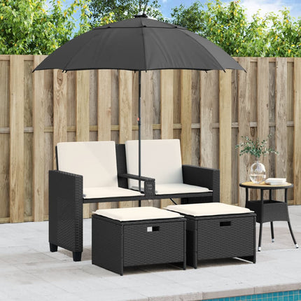 Divano Giardino 2 Posti Ombrellone e Sgabelli Nero Polyrattan