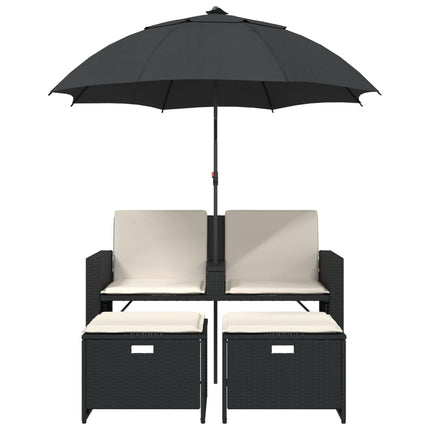 Divano Giardino 2 Posti Ombrellone e Sgabelli Nero Polyrattan