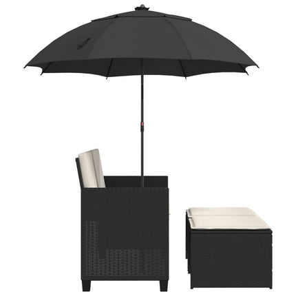 Divano Giardino 2 Posti Ombrellone e Sgabelli Nero Polyrattan