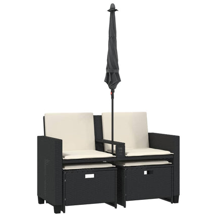 Divano Giardino 2 Posti Ombrellone e Sgabelli Nero Polyrattan