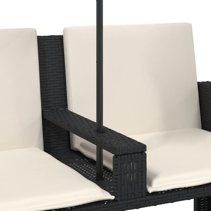 Divano Giardino 2 Posti Ombrellone e Sgabelli Nero Polyrattan