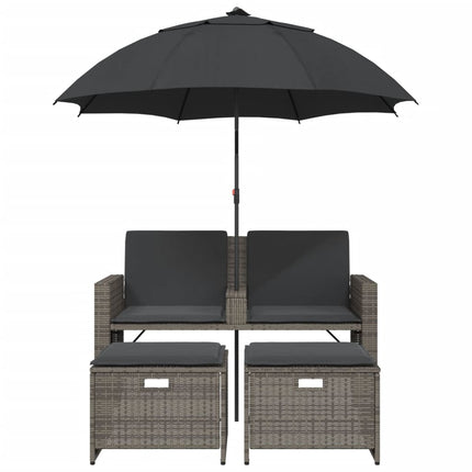 Divano Giardino 2Posti Ombrellone e Sgabelli Grigio Polyrattan