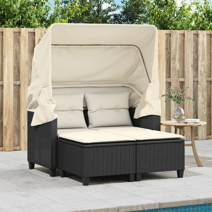Divano Giardino 2 Posti Baldacchino e Sgabelli Nero Polyrattan