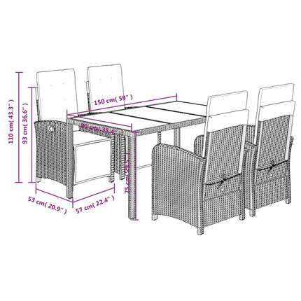 Set da Pranzo da Giardino 5 pz con Cuscini in Polyrattan Grigio