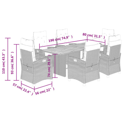 Set da Pranzo da Giardino 7 pz con Cuscini Beige in Polyrattan