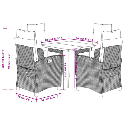 Set da Pranzo da Giardino 5pz con Cuscini in Polyrattan Marrone