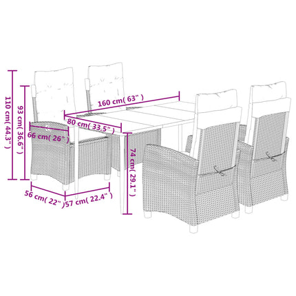Set da Pranzo da Giardino 5pz con Cuscini in Polyrattan Marrone