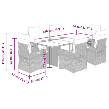 Set da Pranzo da Giardino 7 pz Nero con Cuscini in Polyrattan
