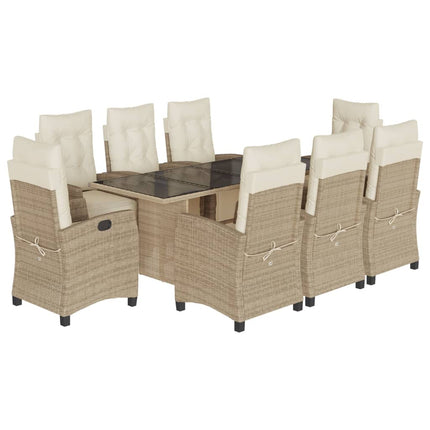 Set da Pranzo da Giardino 9 pz con Cuscini Beige in Polyrattan