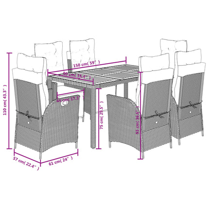 Set da Pranzo da Giardino 7 pz con Cuscini in Polyrattan Grigio