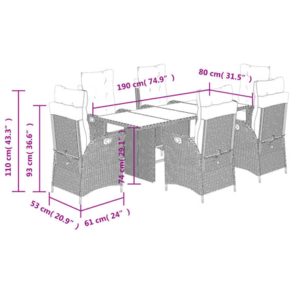 Set da Pranzo da Giardino 7 pz con Cuscini in Polyrattan Grigio