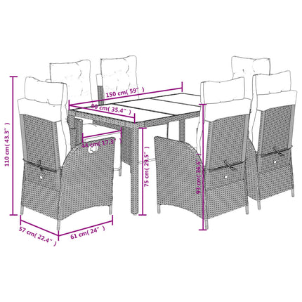 Set da Pranzo da Giardino 7 pz con Cuscini in Polyrattan Grigio