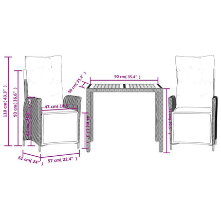 Set da Pranzo da Giardino 3 pz con Cuscini in Polyrattan Grigio