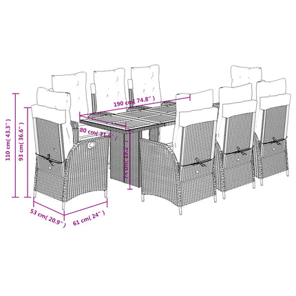 Set da Pranzo da Giardino 9 pz con Cuscini in Polyrattan Grigio