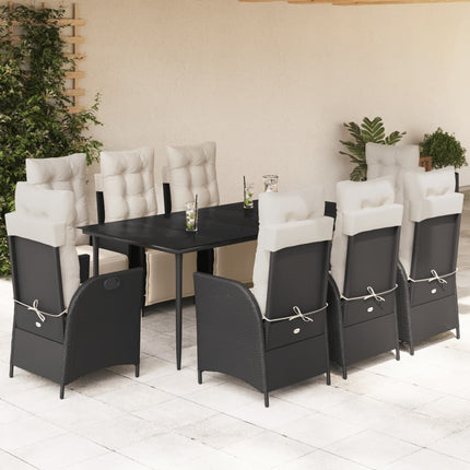 Set da Pranzo da Giardino 9 pz con Cuscini Nero in Polyrattan