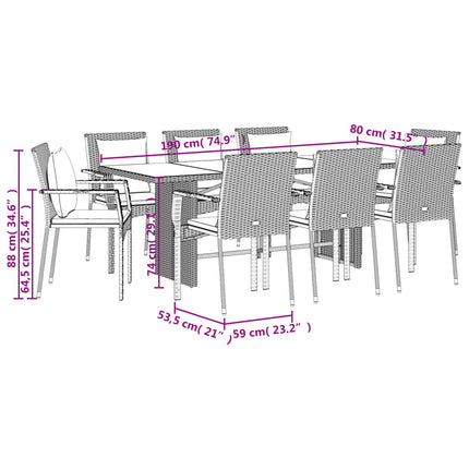 Set da Pranzo da Giardino 9 pz con Cuscini Nero in Polyrattan