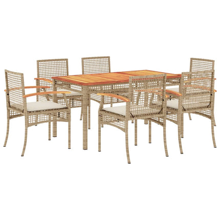Set da Pranzo da Giardino 7 pz con Cuscini Beige in Polyrattan