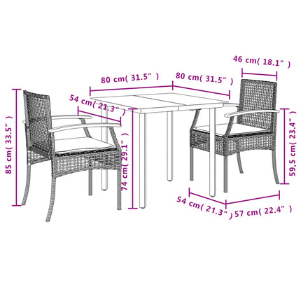 Set da Pranzo da Giardino 3 pz con Cuscini in Polyrattan Grigio