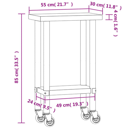Tavolo da Lavoro Cucina con Ruote 55x30x85 cm in Acciaio Inox