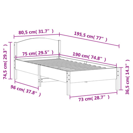 Letto senza Materasso Bianco 75x190 in Legno Massello di Pino