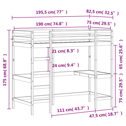Letto Soppalco con Scrivania 75x190 cm Legno Massello Pino