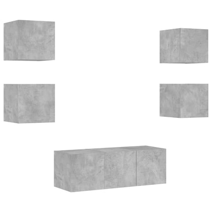 Mobili TV a Muro con LED 6pz Grigio Cemento Legno Multistrato