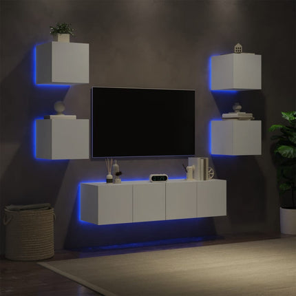Mobili TV a Muro con LED 6pz Bianchi in Legno Multistrato