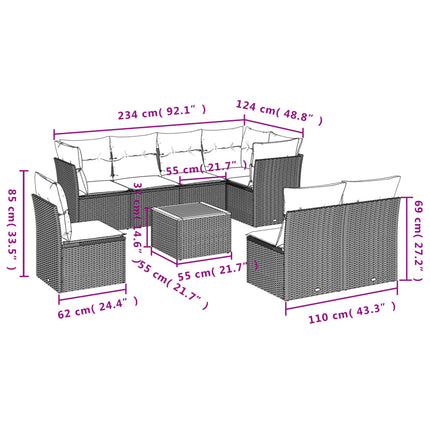 Set Divano da Giardino 9 pz con Cuscini Beige in Polyrattan